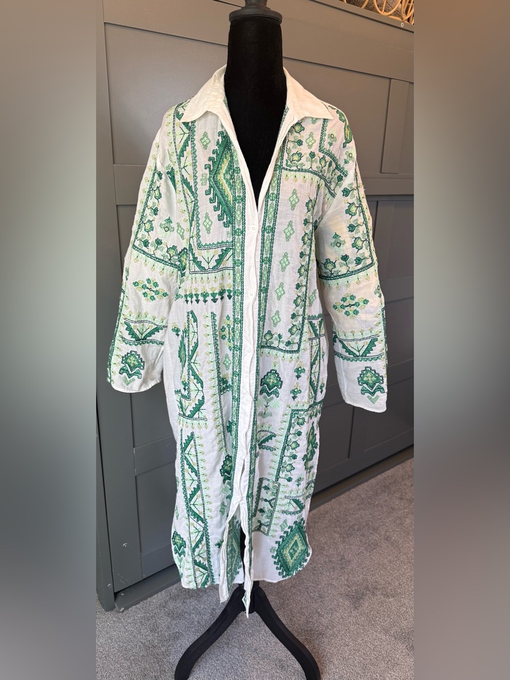 Zara White Button-Down Shirt Dress with Green Print